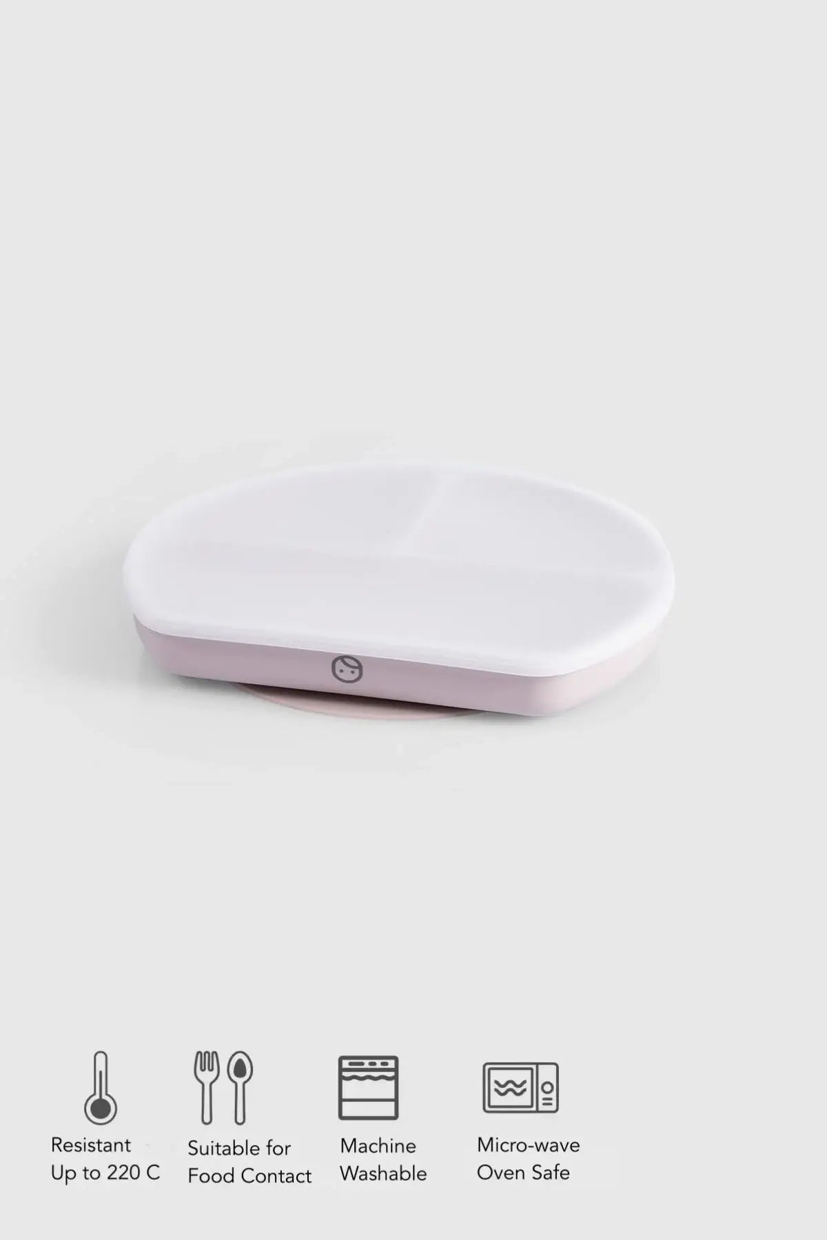 3-compartment baby feeding plate with lid in pink, perfect for organized meals and minimizing spills.