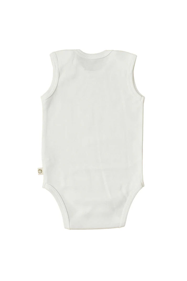 White Organic Cotton Sleeveless Bodysuit with Gusto Print - Soft & Playful