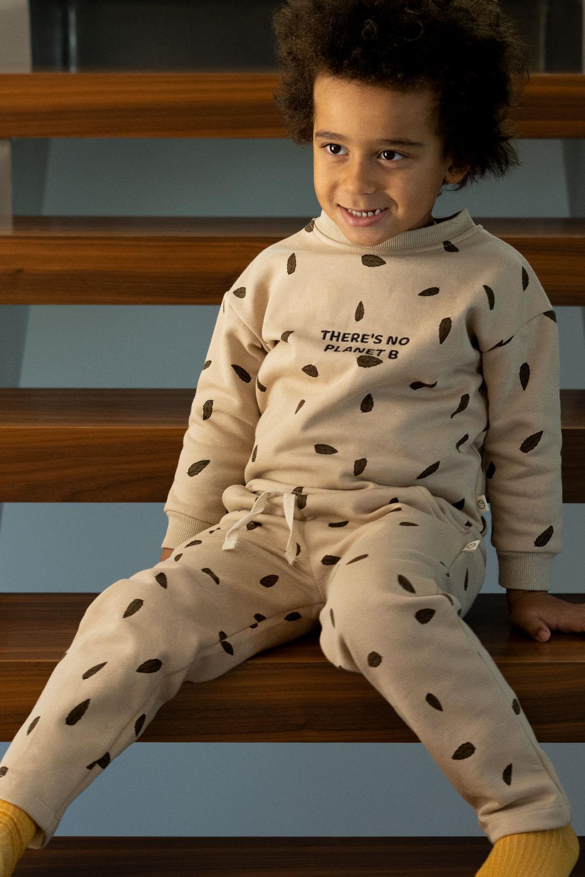 Beige Leaf Pattern Organic Cotton Tracksuit Set - Soft & Eco-Friendly