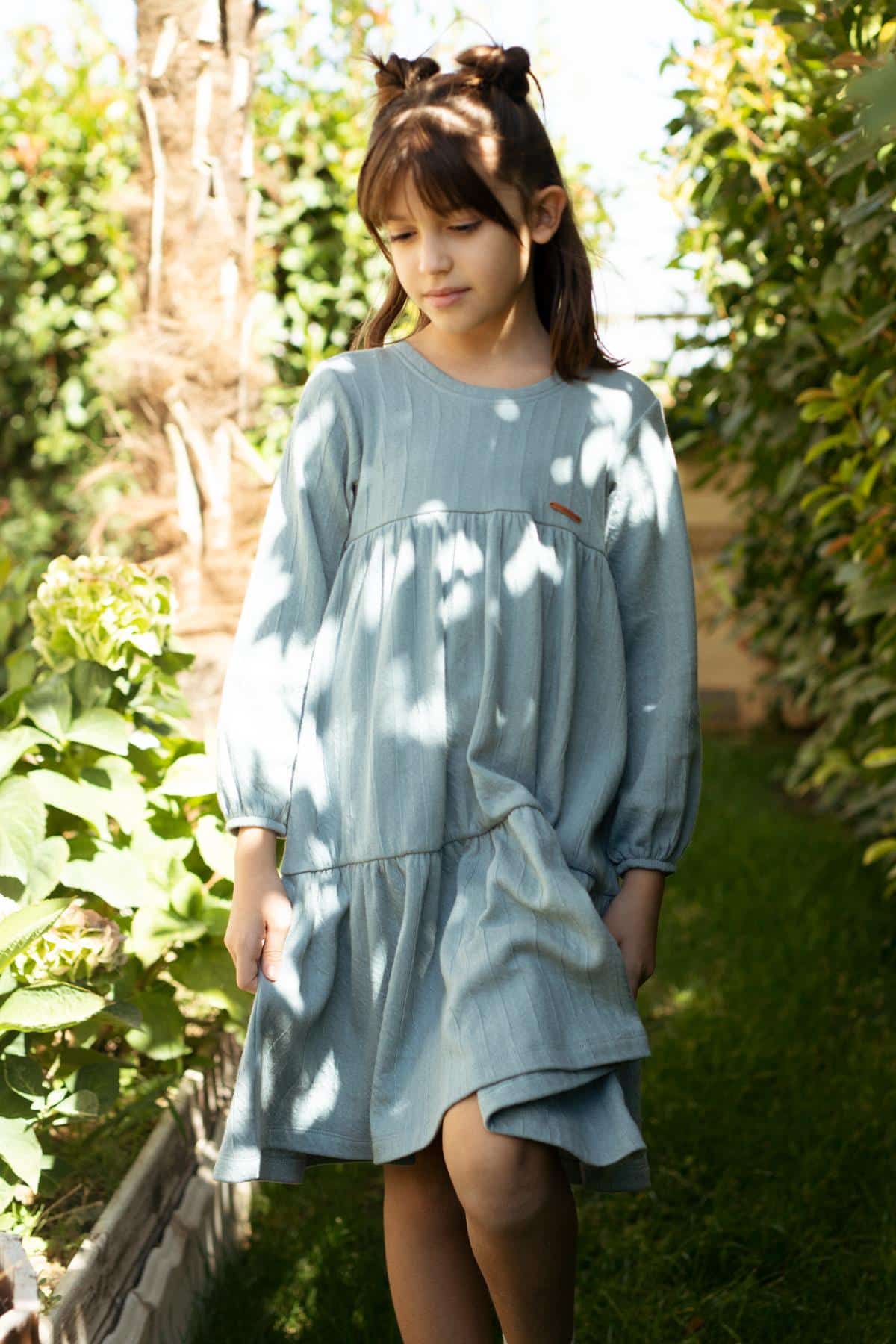 Organic Cotton Long Sleeve Tiered Dress in Light Blue - Sustainable
