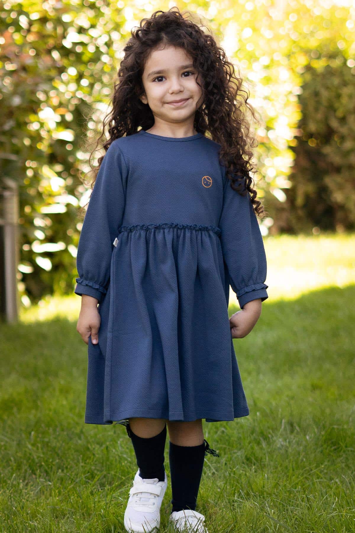 Navy Blue Organic Cotton Ruffle Dress for Kids | Classic & Sustainable