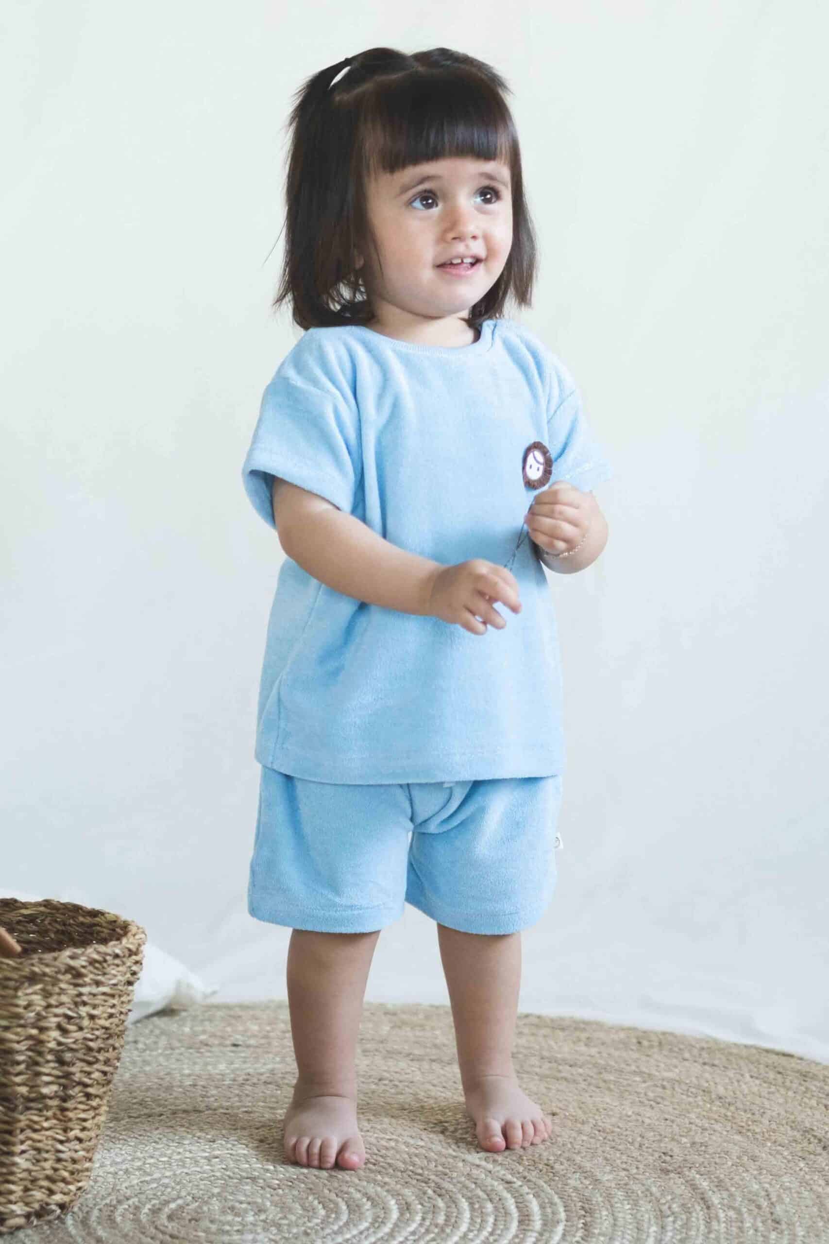 Blue Towel Short Sleeve Shorts Set for Babies | Soft & Absorbent
