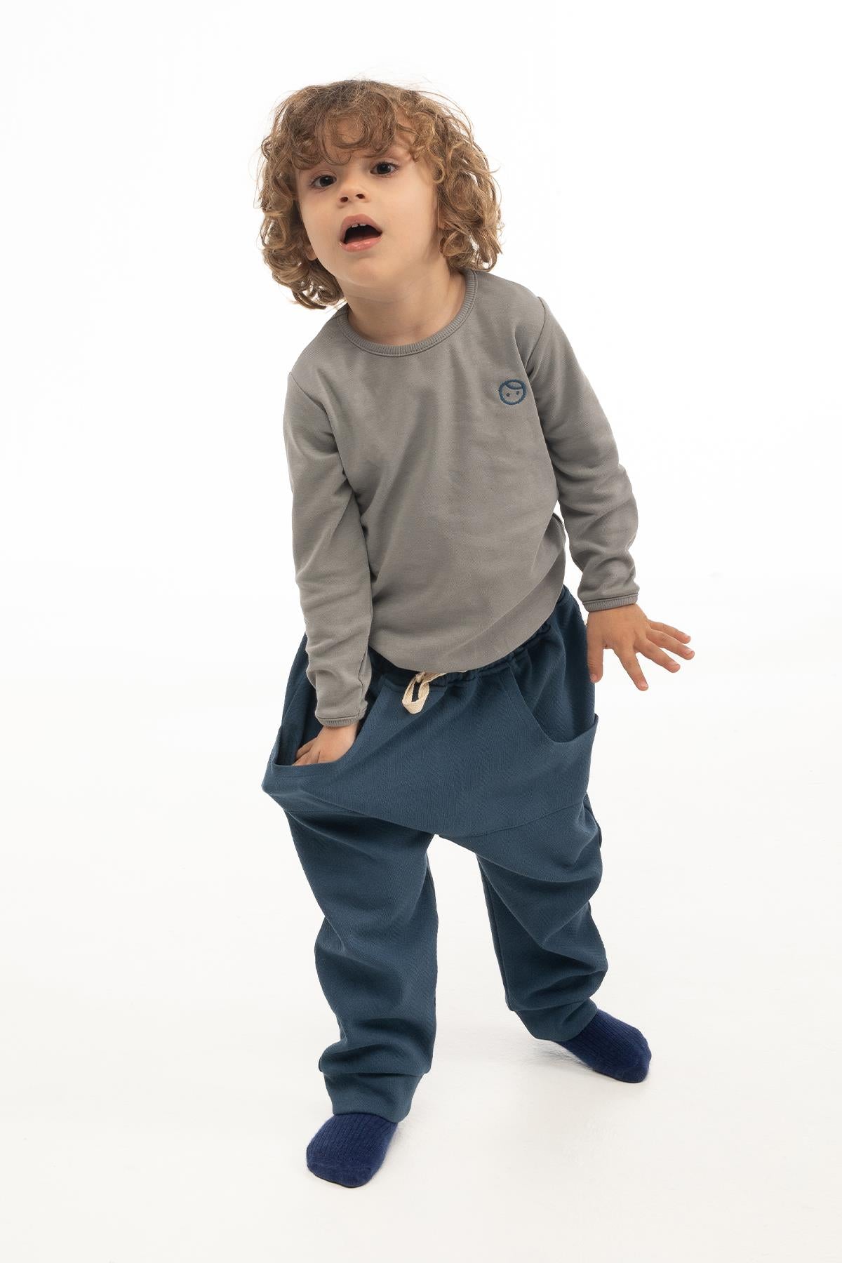 Organic Cotton Kangaroo Pocket Baggy Pant - Navy Blue