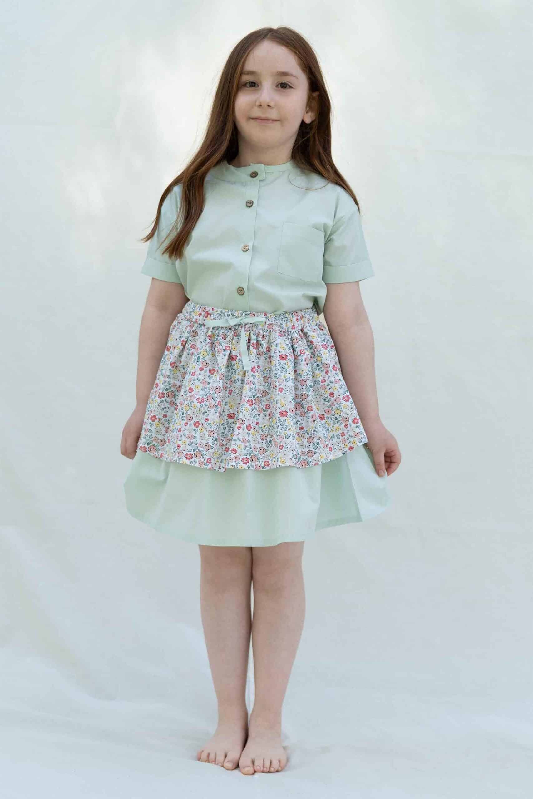 Organic Cotton Tiered Green Skirt With Flower Patterned Kids