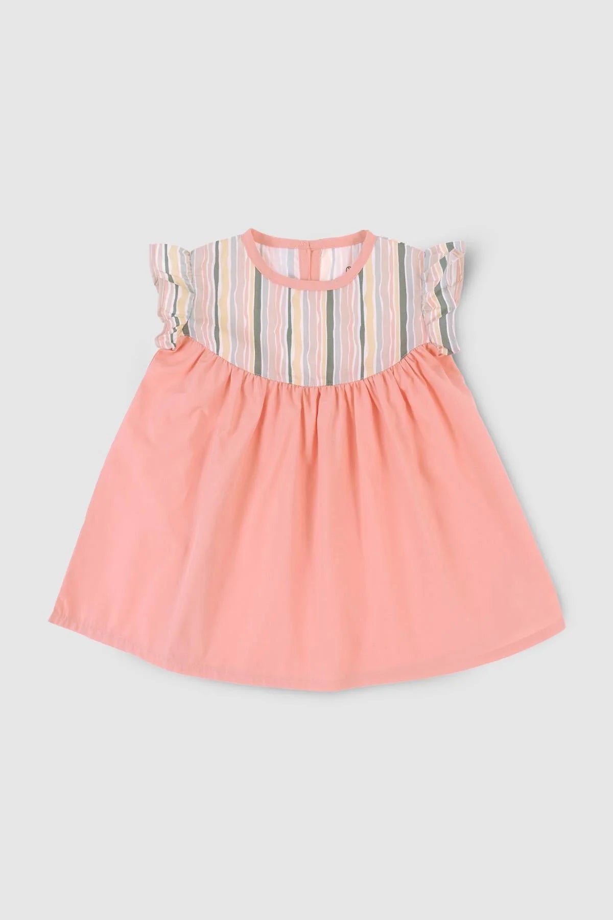 Off-white and Green Pin Stripe With Floral Print Infant Dress with Matching Bloomers