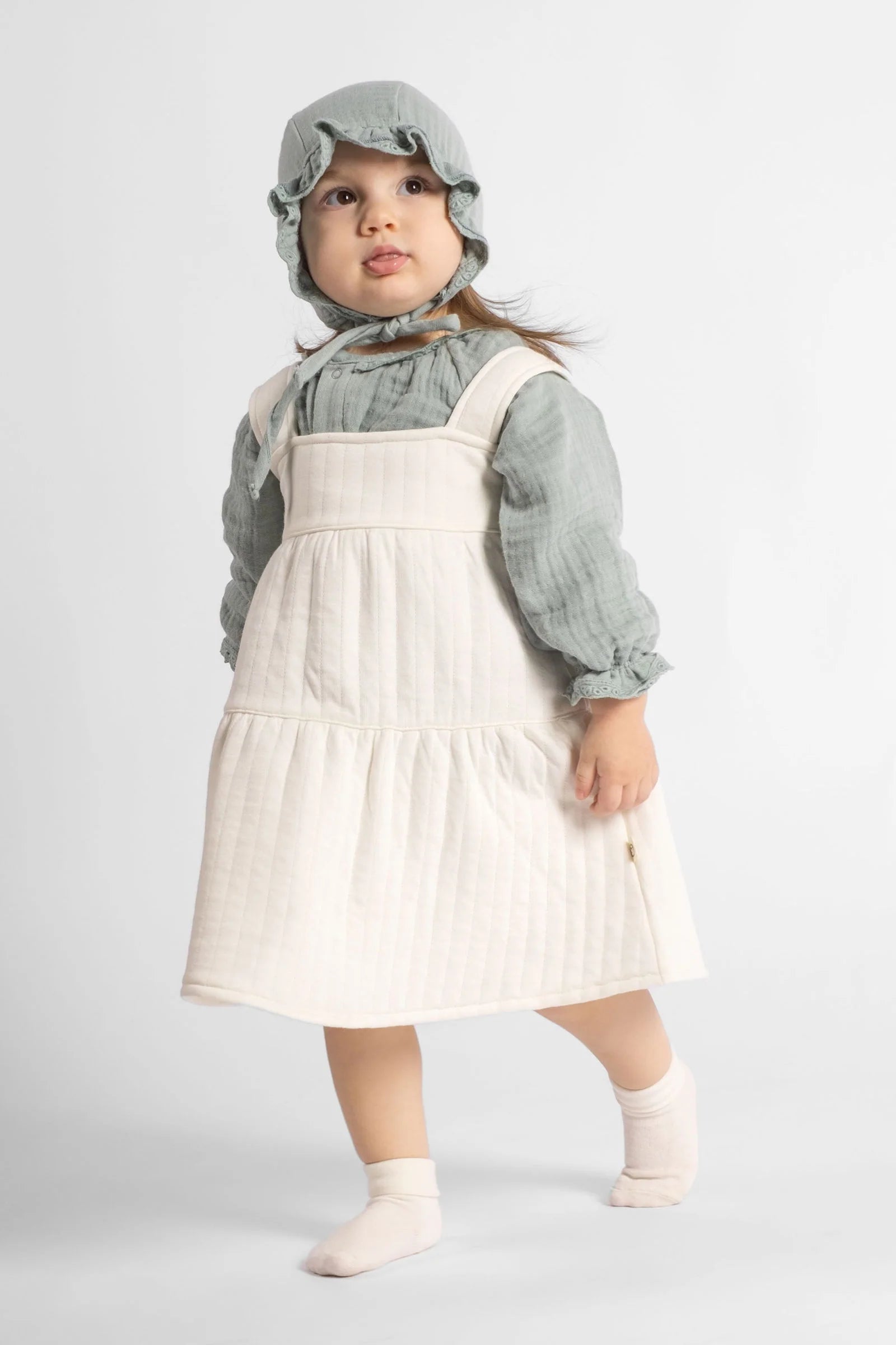 Organic Cotton Quilted Baby Gilet Dress - White