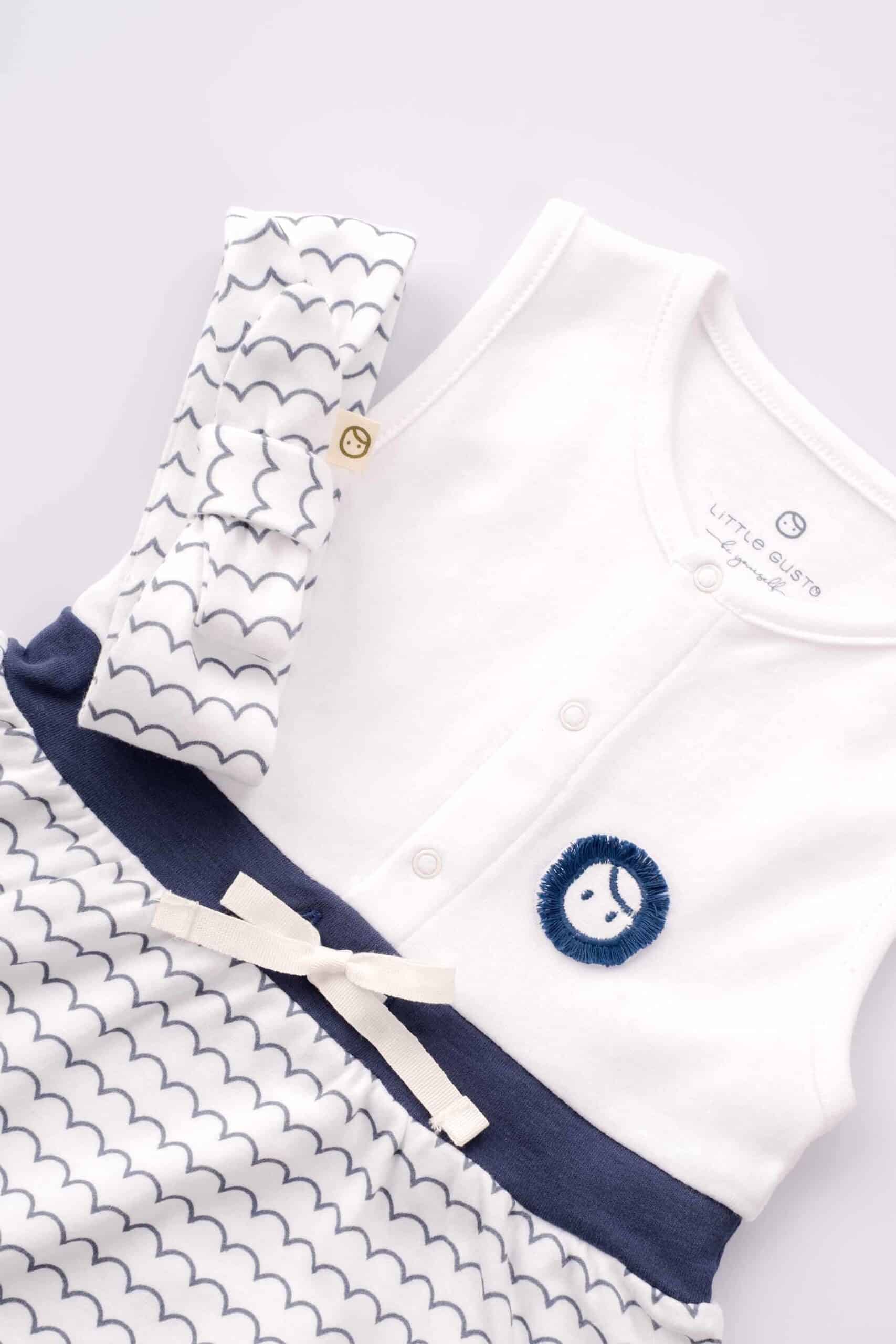 Organic Cotton White Dress & Headband Set with Wave Pattern - Soft & Stylish