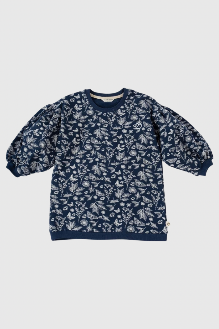 Organic Cotton Balloon Sleeve Sweatshirt - Navy Blue with Print