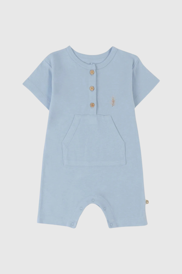 Bamboo Snap-Button Romper with Leaf Print - Blue