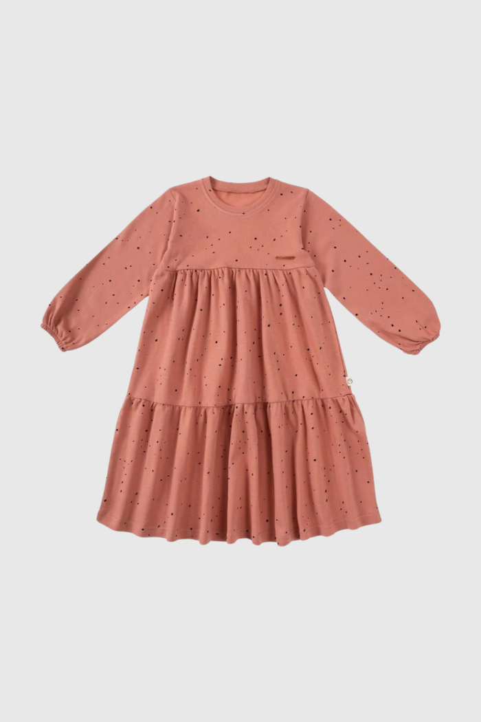 Organic Cotton Long Sleeve Tiered Dress in Pink Cosmos