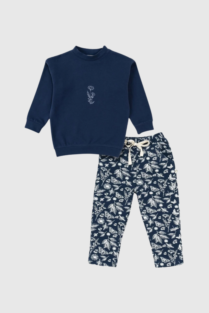 Organic Cotton Tracksuit Set - Navy Leaf Pattern
