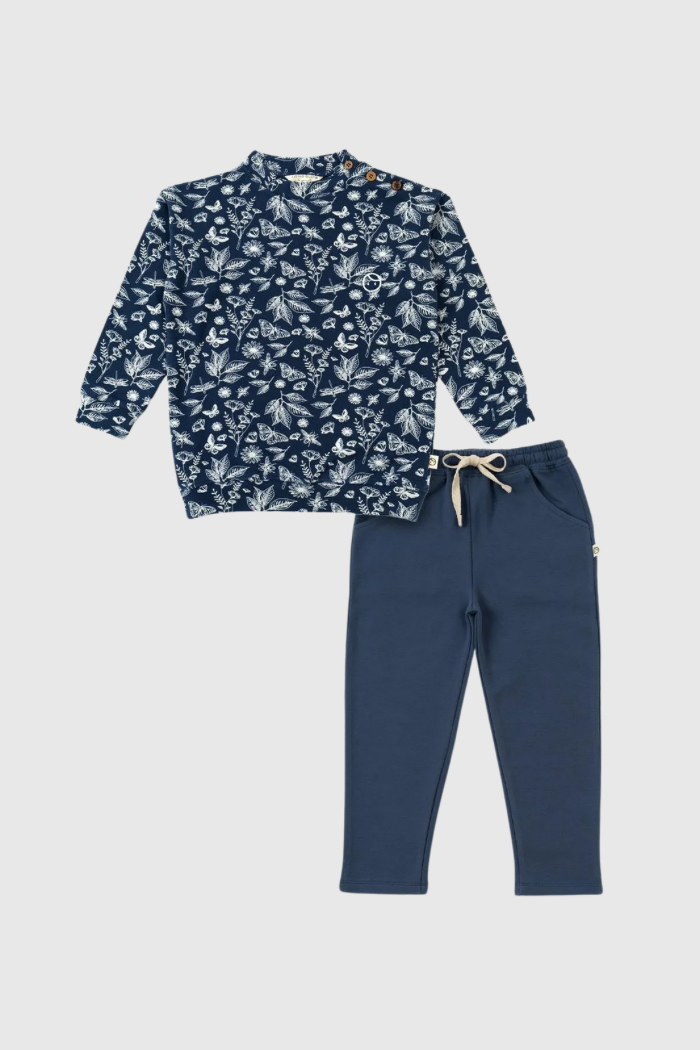 Organic Cotton Tracksuit Set - Navy Leaf Pattern