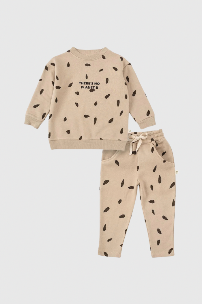 Organic Cotton Tracksuit Set - Beige Leaf Pattern