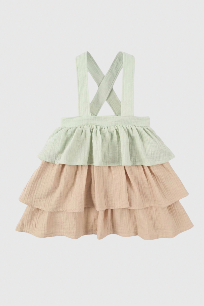 Organic Cotton Muslin Layered Gilet Green Dress - Green