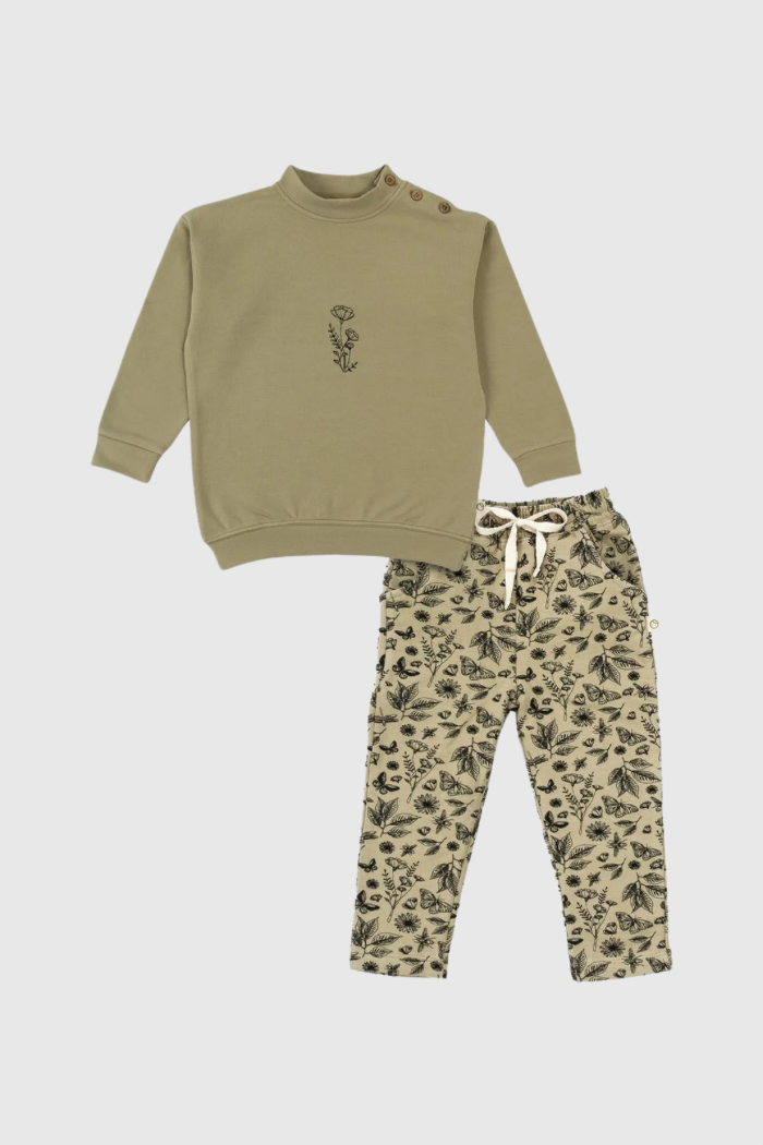 Organic Cotton Tracksuit Set Khaki Leaf Pattern Stylish