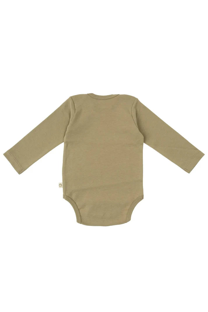 Organic Cotton Long Sleeve Bodysuit with Snaps - Khaki | Soft & Easy to Wear