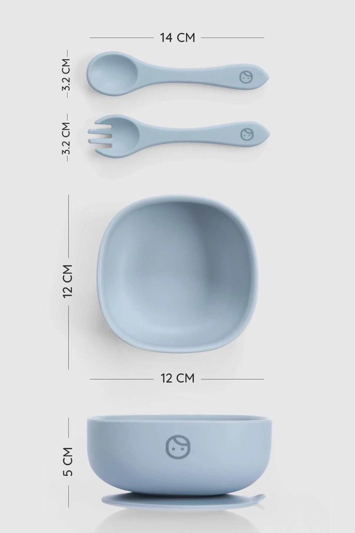 Silicone vacuum food plate and cutlery set dimensions: bowl and utensils in blue with specific measurements.