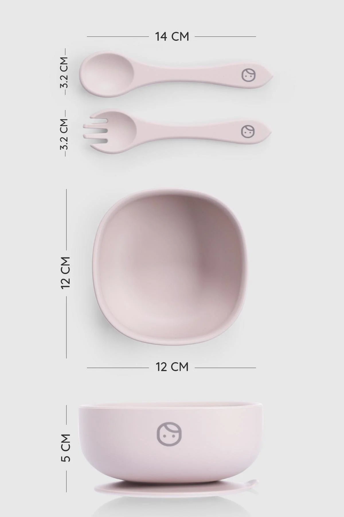 Silicone vacuum food plate and cutlery set in pink with measurements for bowl and utensils.