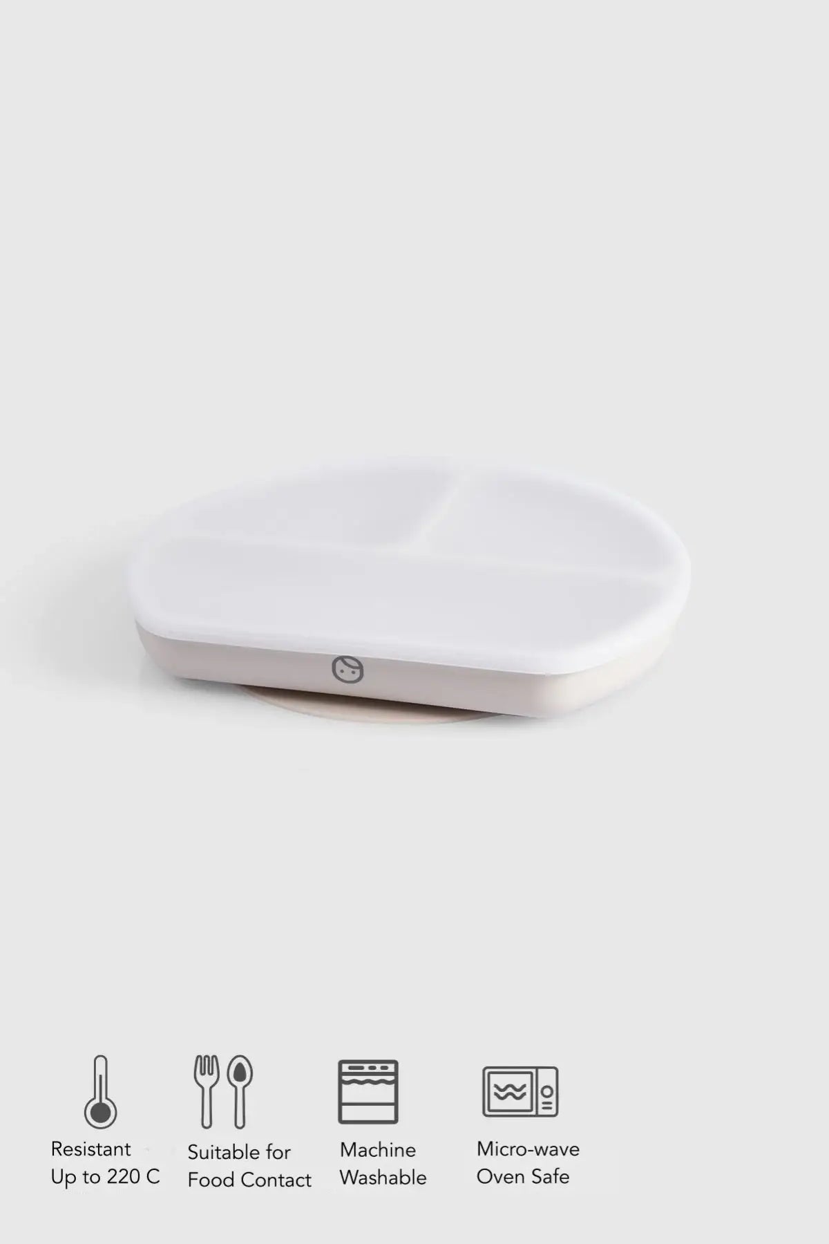 3-compartment baby feeding plate with lid, beige, Montessori-inspired, silicone suction base for mess-free mealtime.