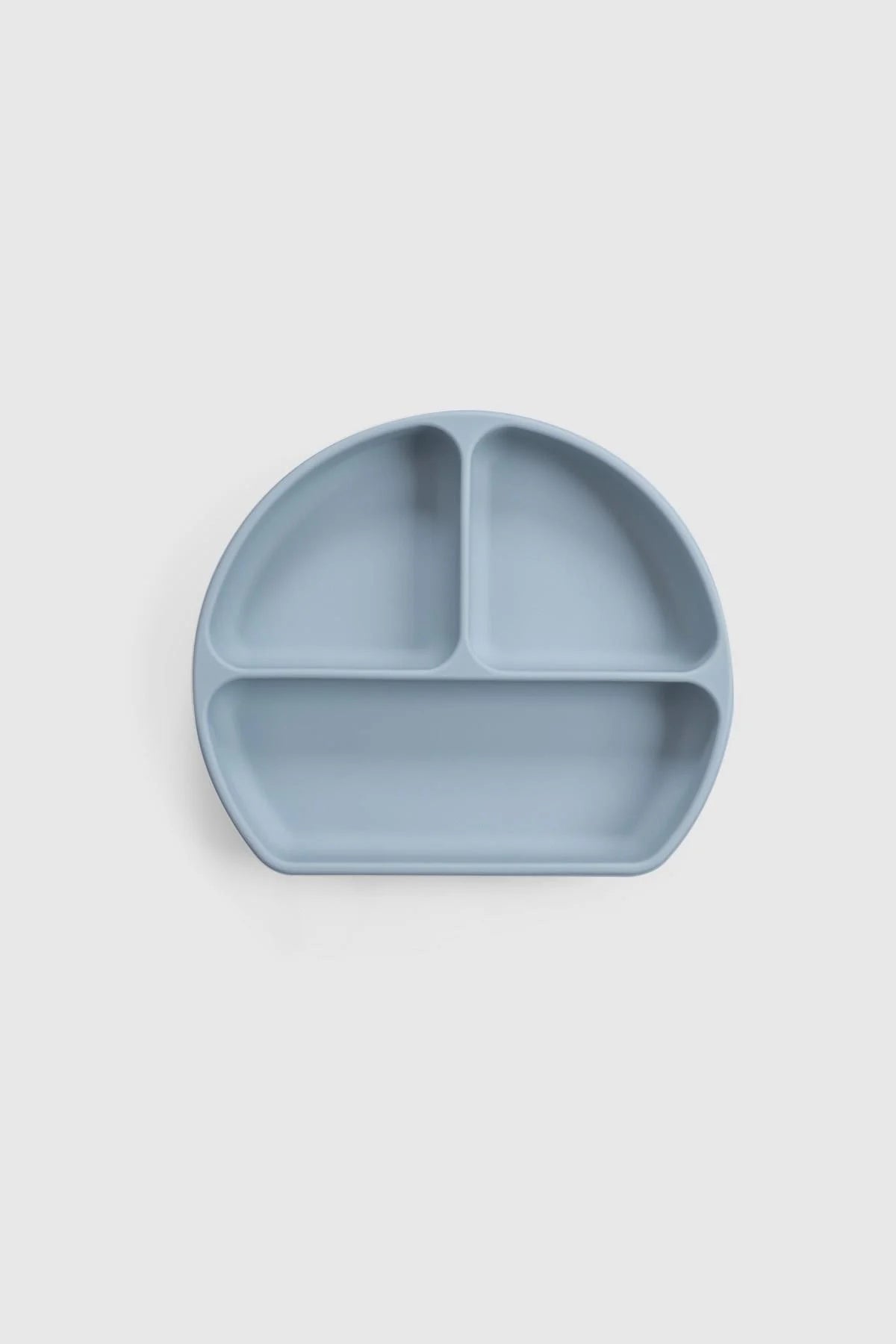 3 compartment blue baby feeding plate with lid, designed for organized mealtime, featuring a suction base.