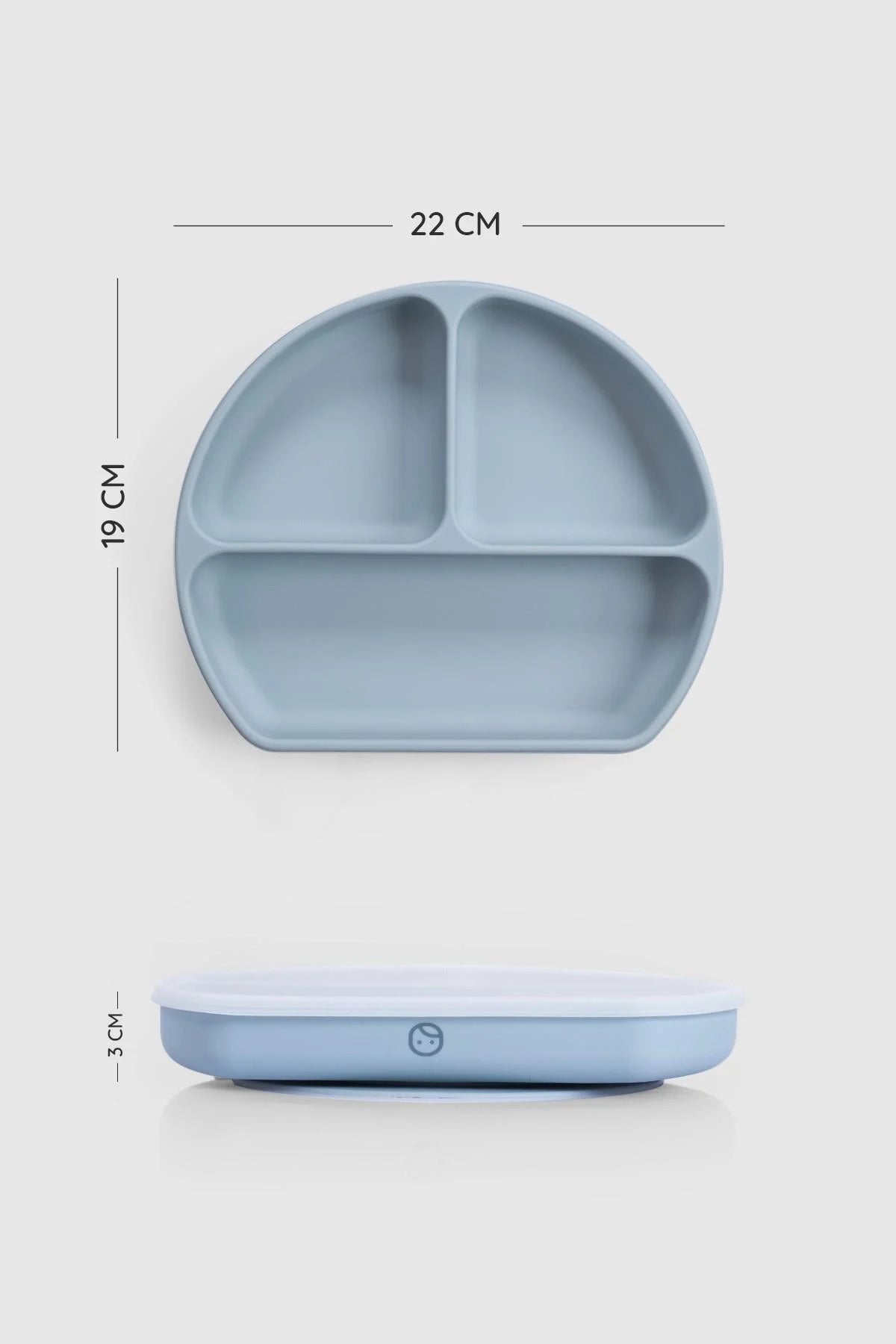 3-compartment blue baby feeding plate with lid, designed for organized meals and to minimize spills.