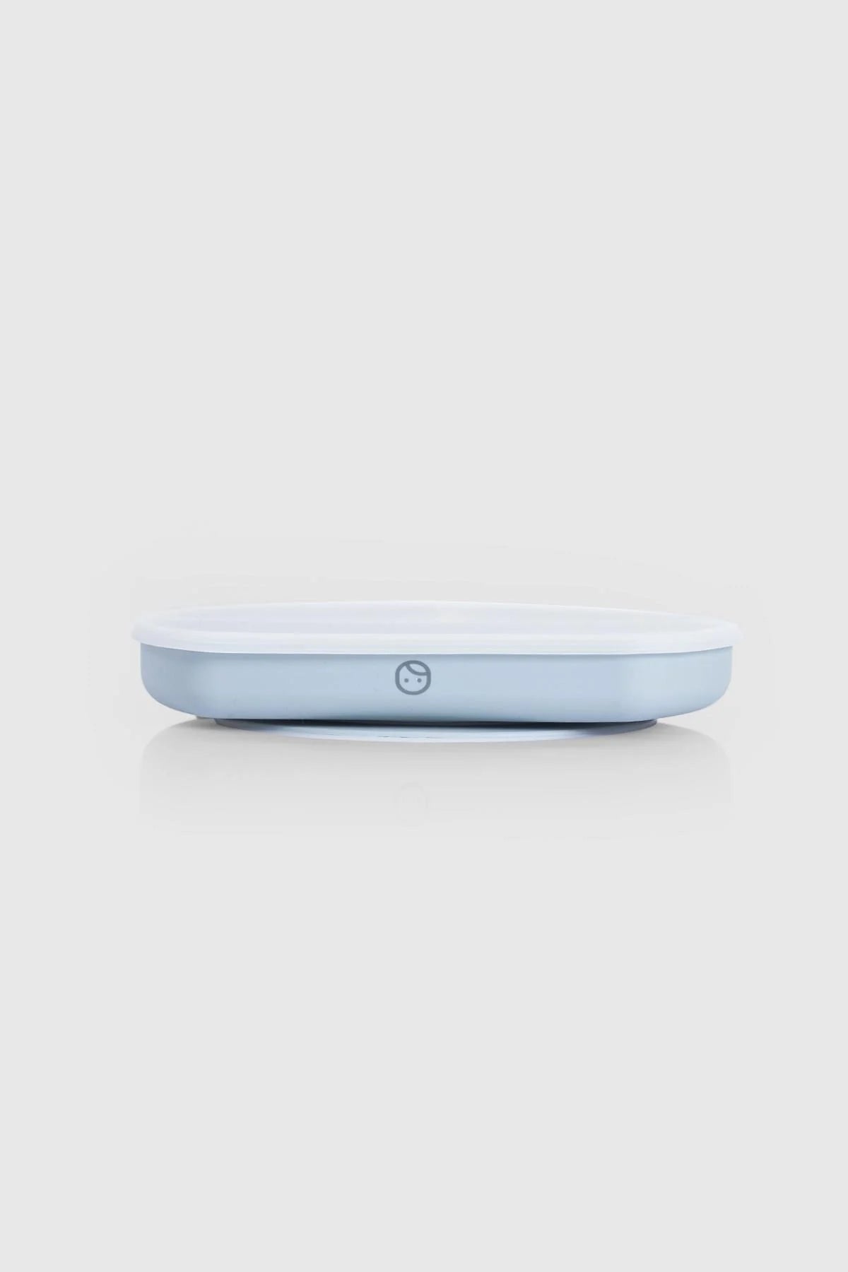 3-compartment baby feeding plate with lid in blue, designed for organized mealtimes and hygienic food storage.
