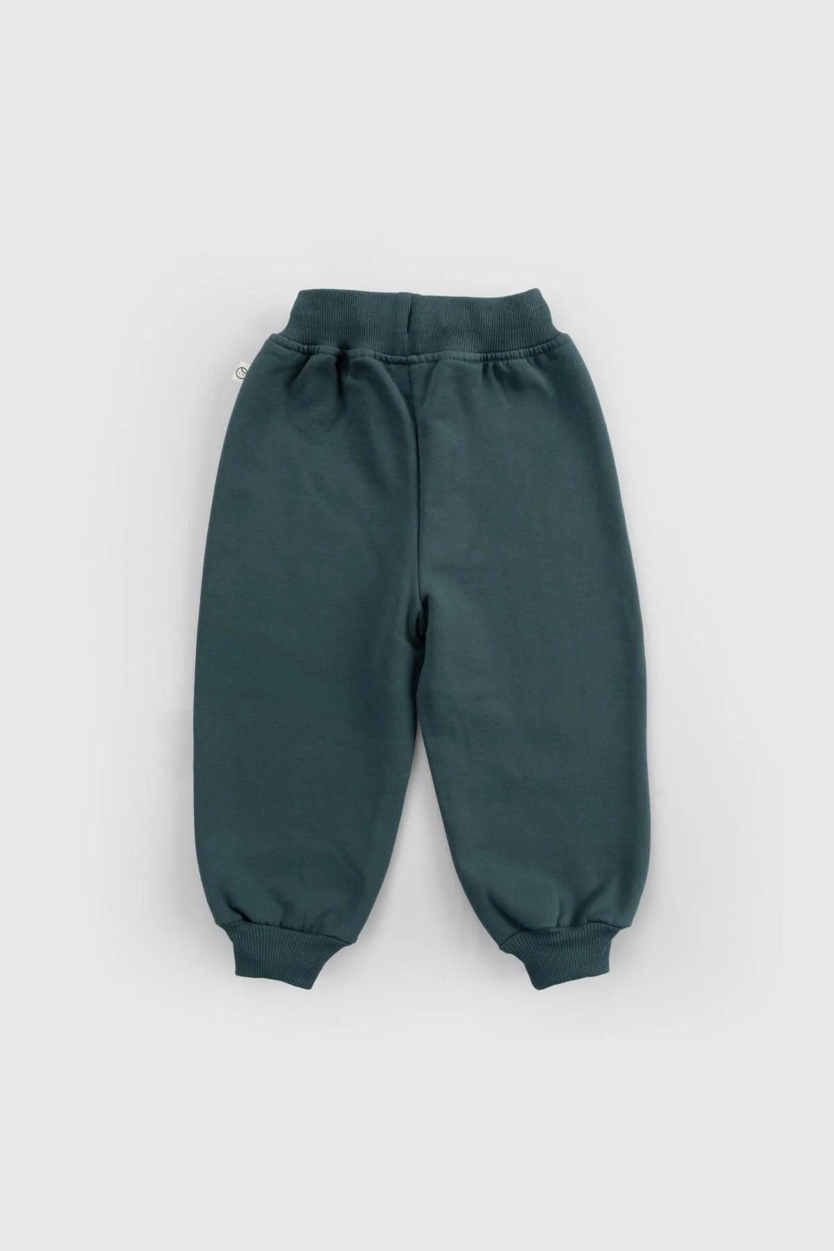 Organic cotton baby pants in green, featuring ribbed cuffs and a comfortable waistband for stylish all-day wear.