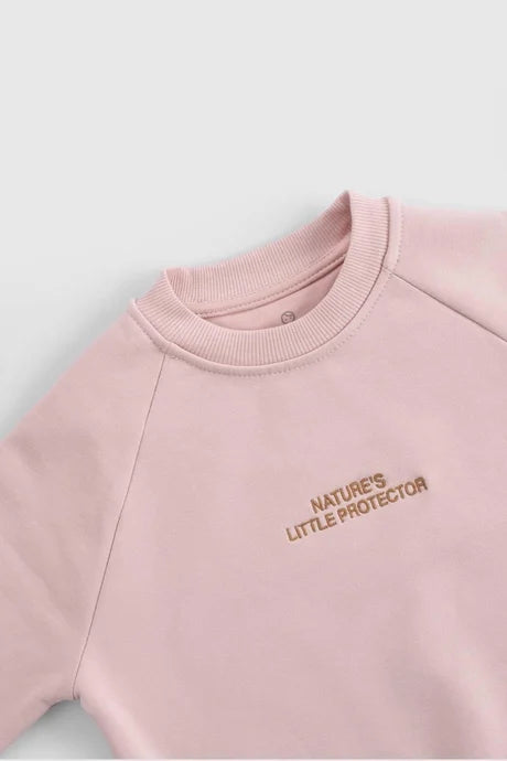 Organic cotton baby tracksuit top in pink with 'Nature's Little Protector' embroidery for stylish comfort.