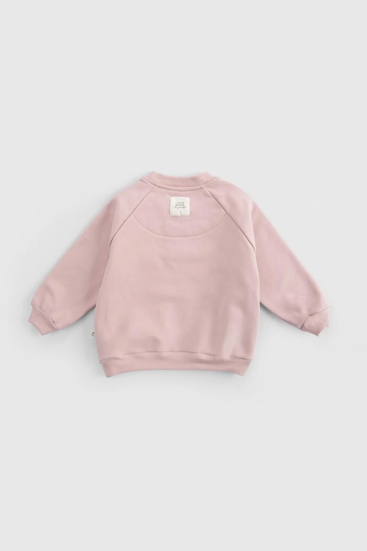 Back view of a pink organic cotton baby sweatshirt with a simple design and quality fabric.