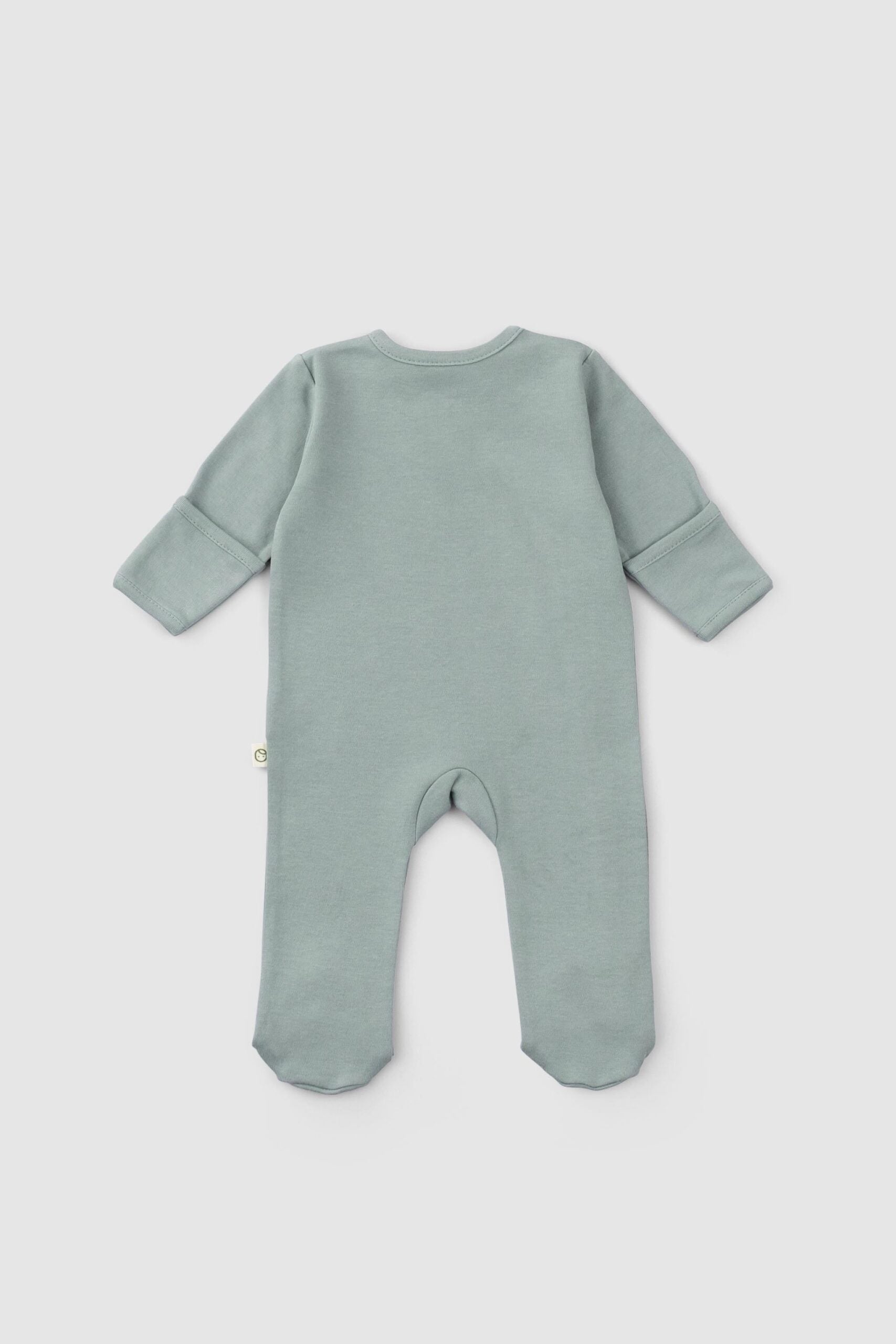 A set of two organic cotton baby onesies, one with footies and a snap button, and the other as a bodysuit with foldable mittens.