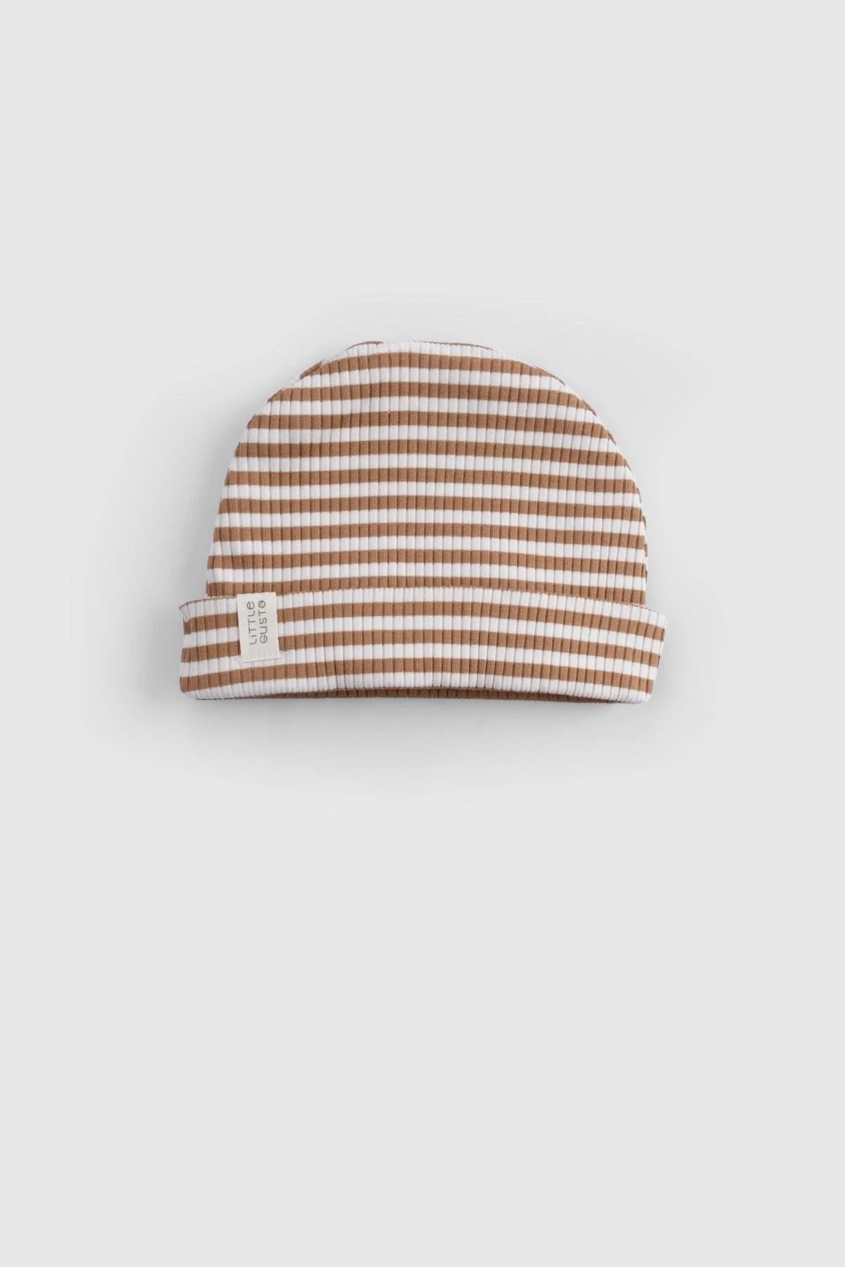 Organic cotton modal baby beanie in brown and cream stripes, perfect for all-day comfort and breathability.