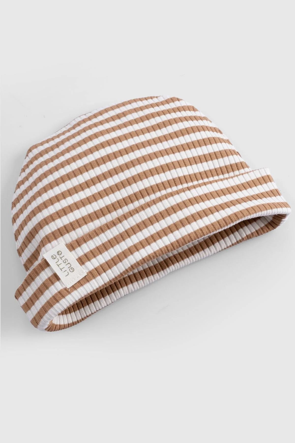 Organic cotton modal baby beanie in brown and white stripes, soft and breathable for all-day comfort.