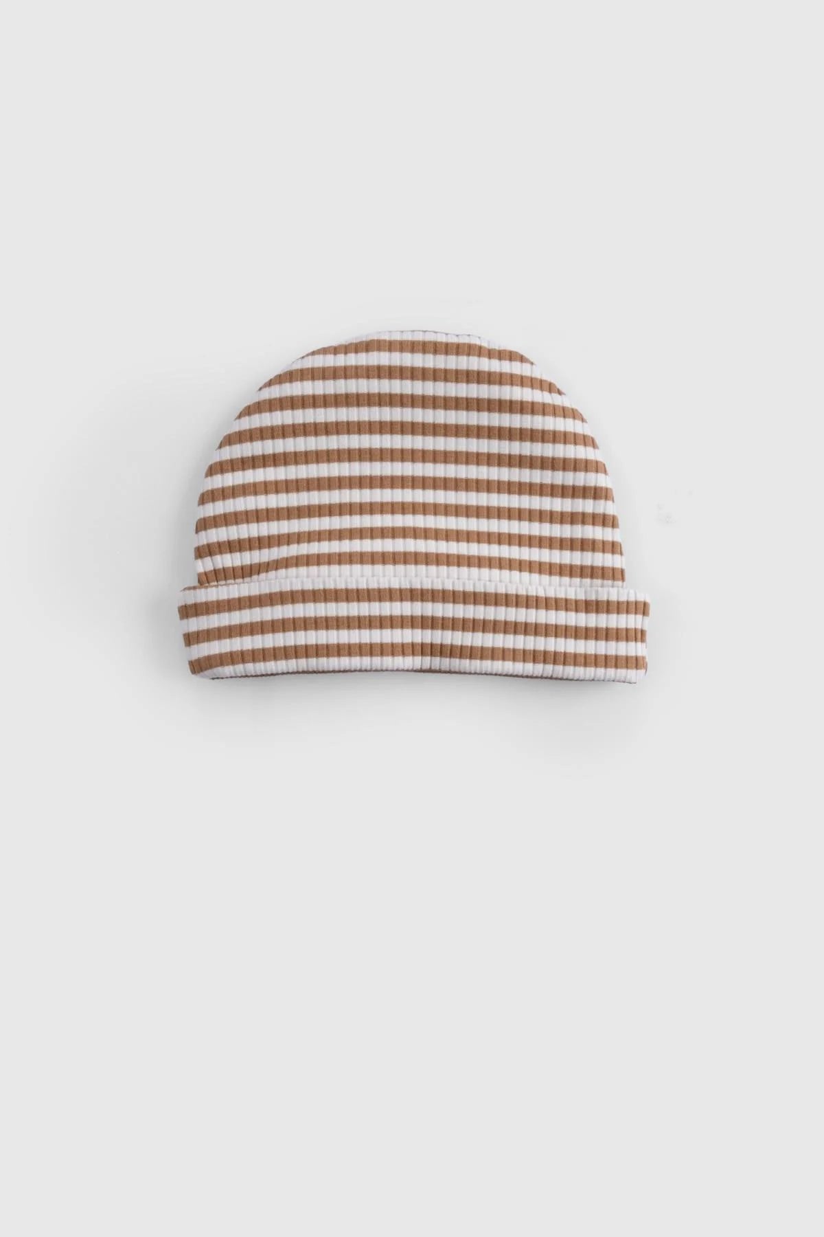 Organic cotton modal baby beanie in brown and cream stripes, perfect for all-day comfort.