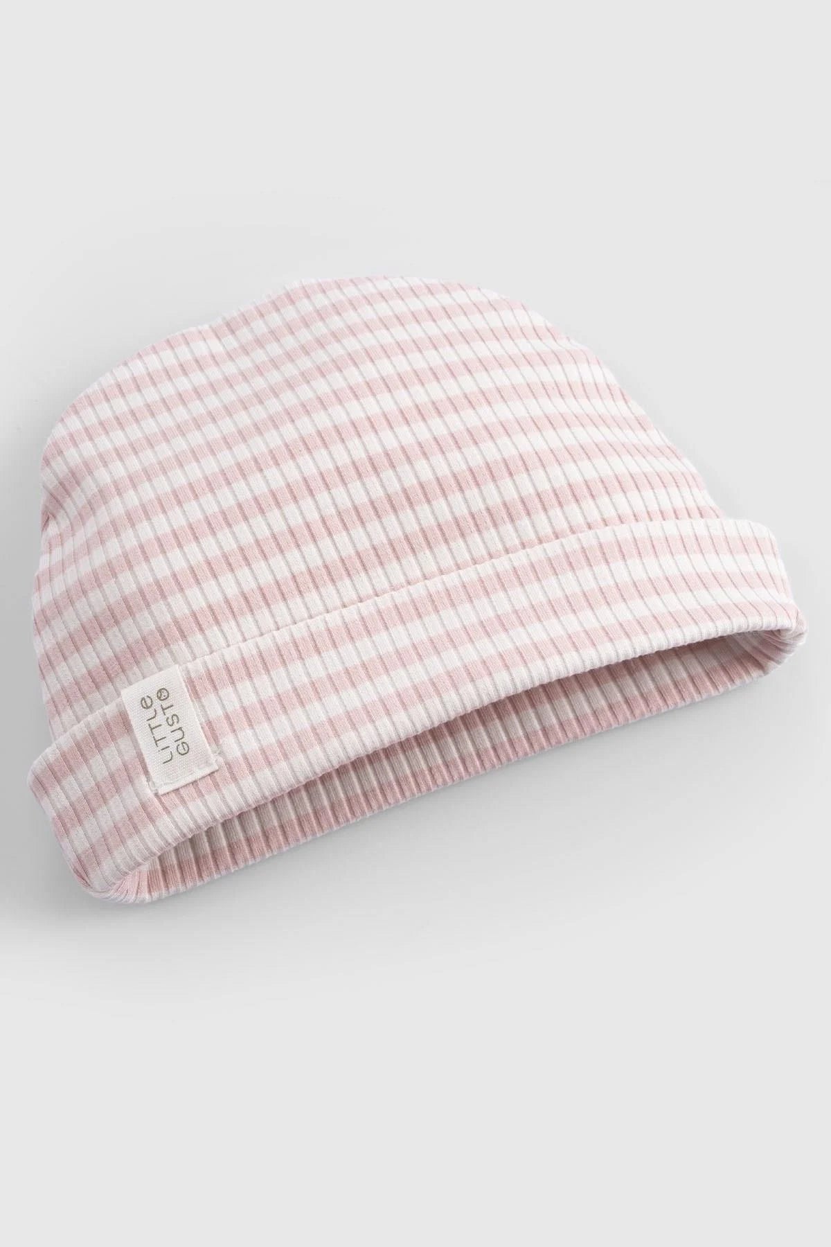 Organic cotton modal baby beanie in pink, soft, breathable fabric for all-day comfort and certified quality.