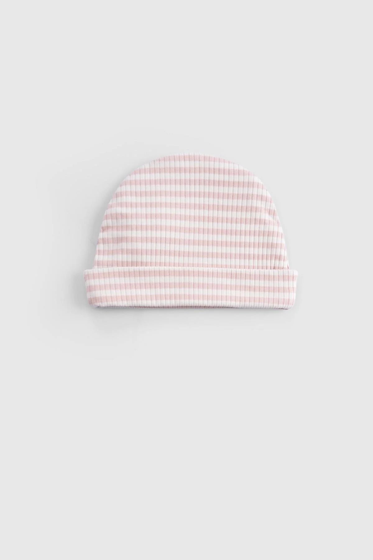 Organic cotton modal baby beanie in pink with soft texture, breathable material for newborn comfort.