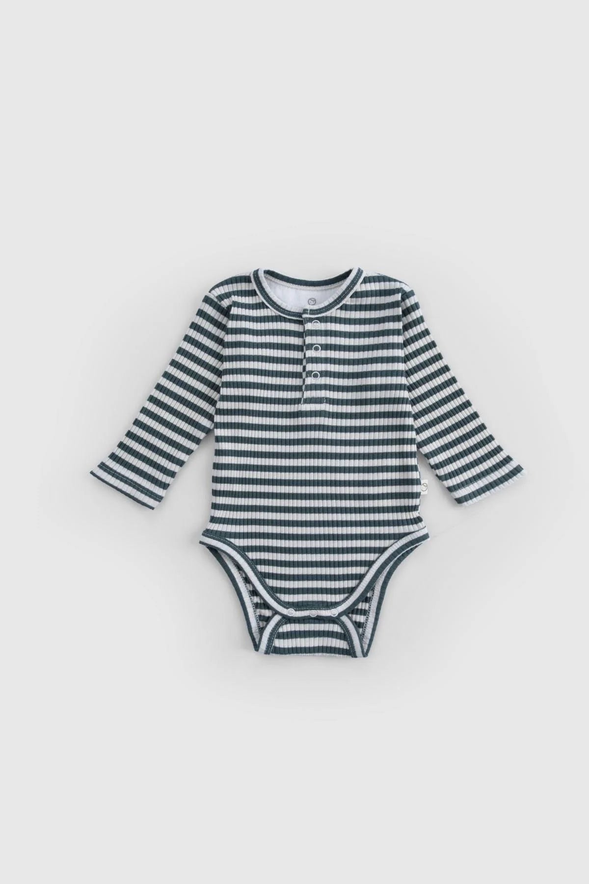 Organic cotton modal bodysuit for babies in green and white stripes with long sleeves and snap closures.