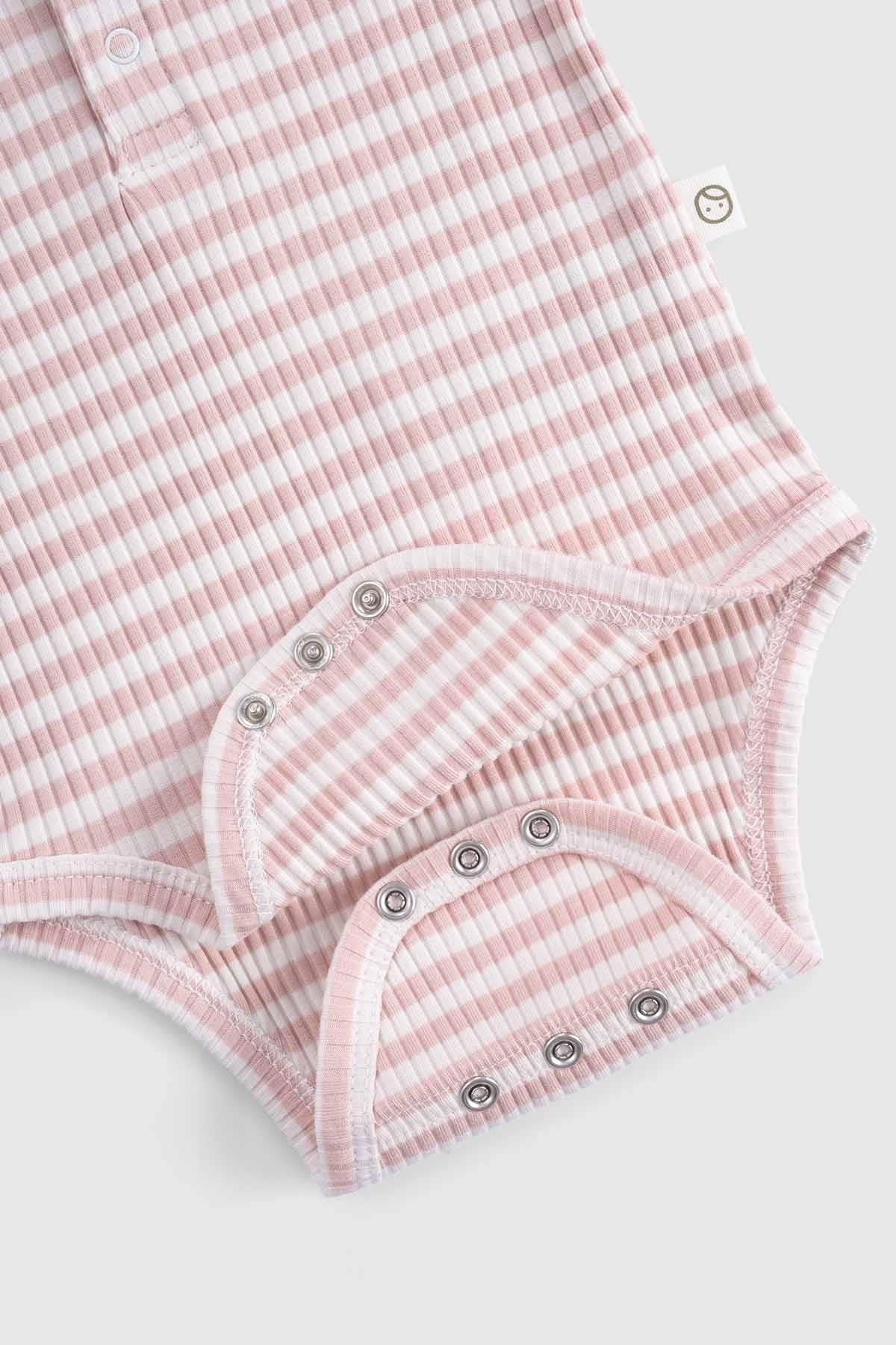 Close-up of a pink striped organic cotton modal bodysuit with adjustable snap closures for baby.