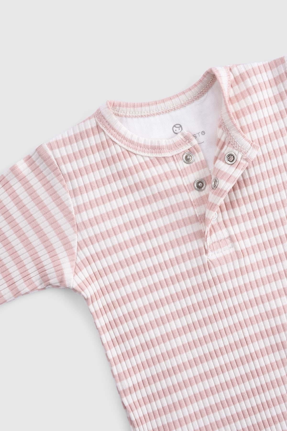 Organic cotton modal bodysuit for newborns in pink and white stripes, featuring adjustable snap closure for easy dressing.