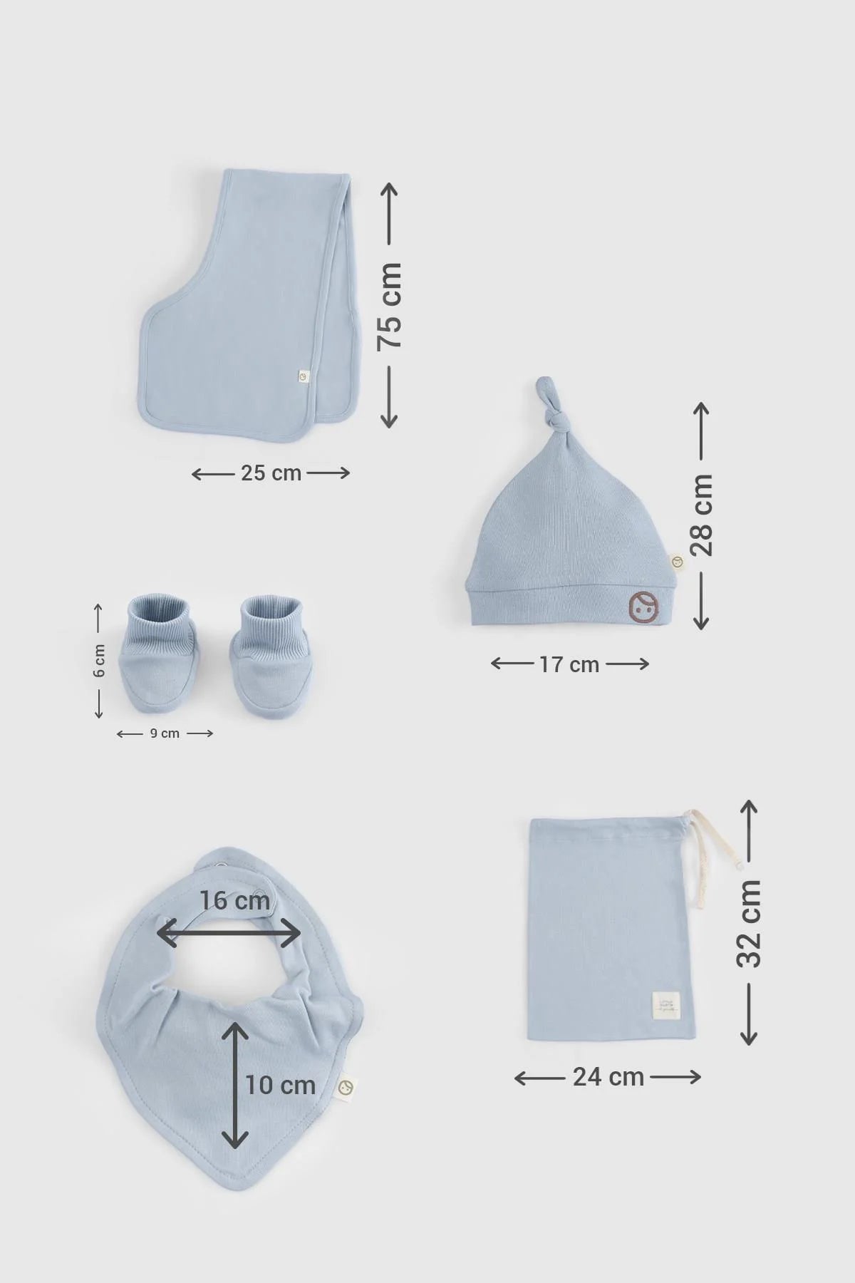 Little Gusto Organic Cotton newborn set includes a blue bib, hat, booties, and more, perfect for delicate baby skin.