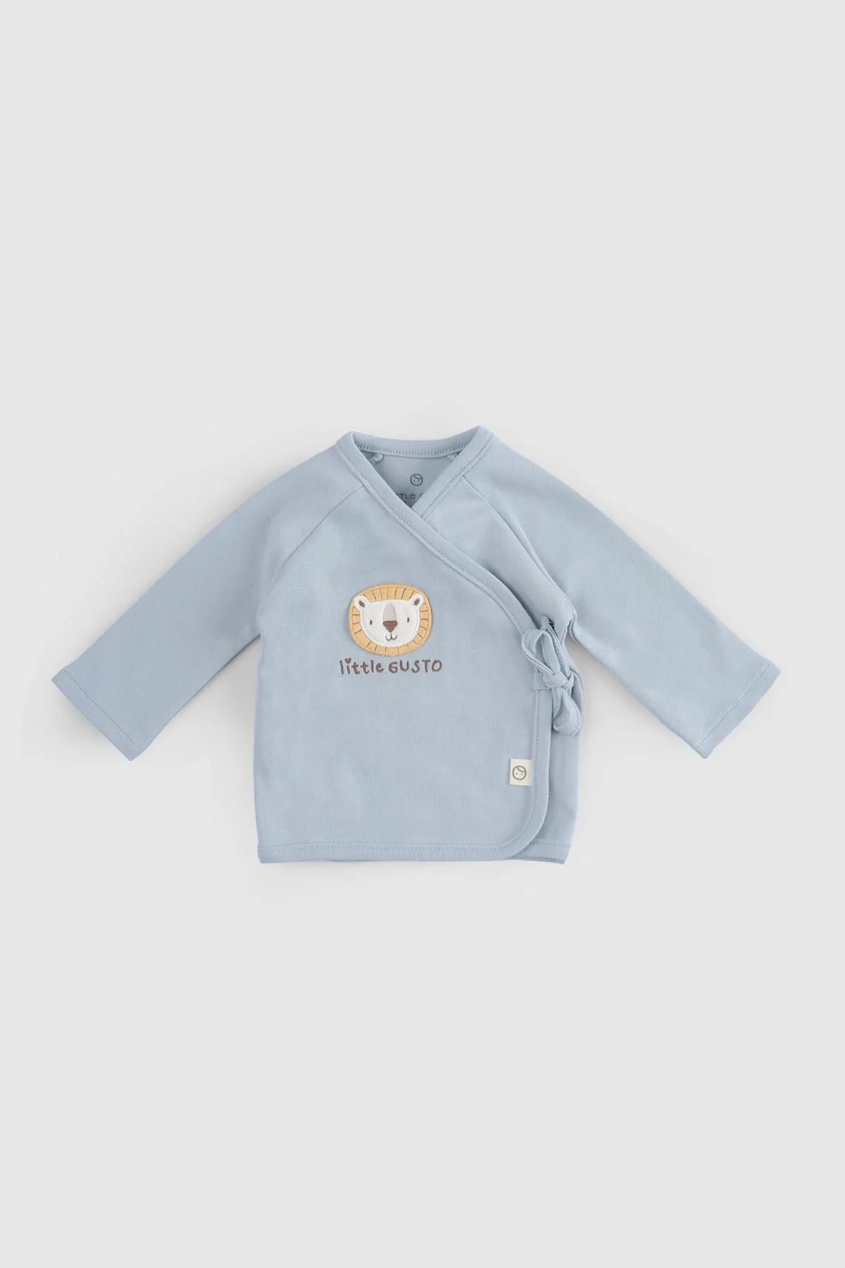 Organic cotton blue kimono-style top for newborns from Little Gusto, part of a 10-piece set, GOTS certified.