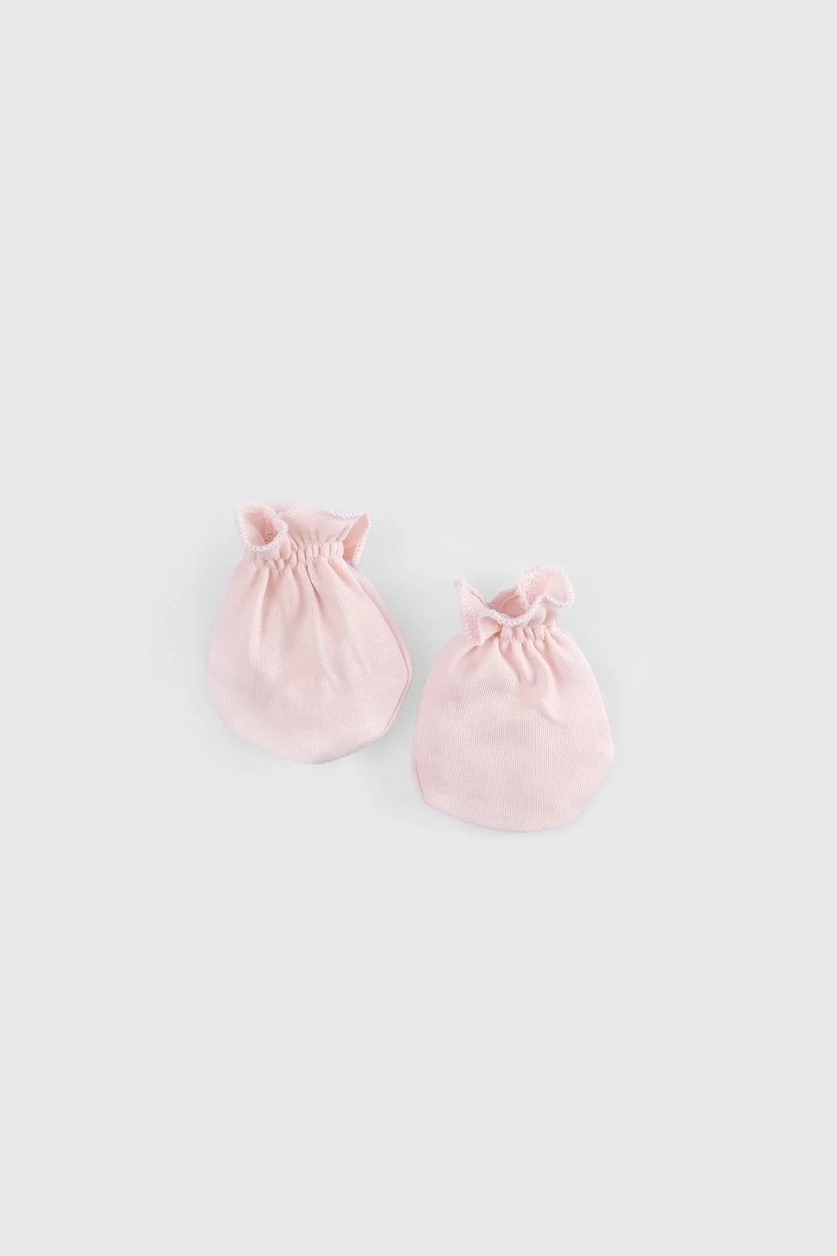 Organic cotton newborn mittens in soft pink, part of a 10-piece hospital set for delicate baby skin.