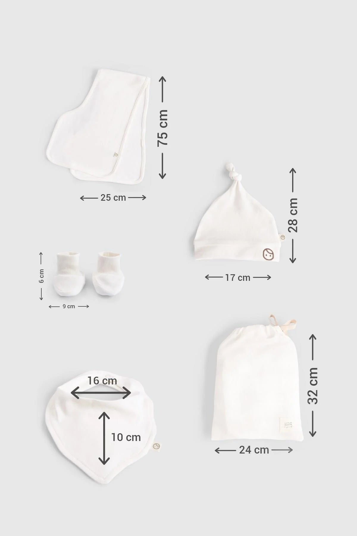 Dimensions of 10-piece organic cotton newborn set in white including hat, mittens, booties, bib, and pouch.