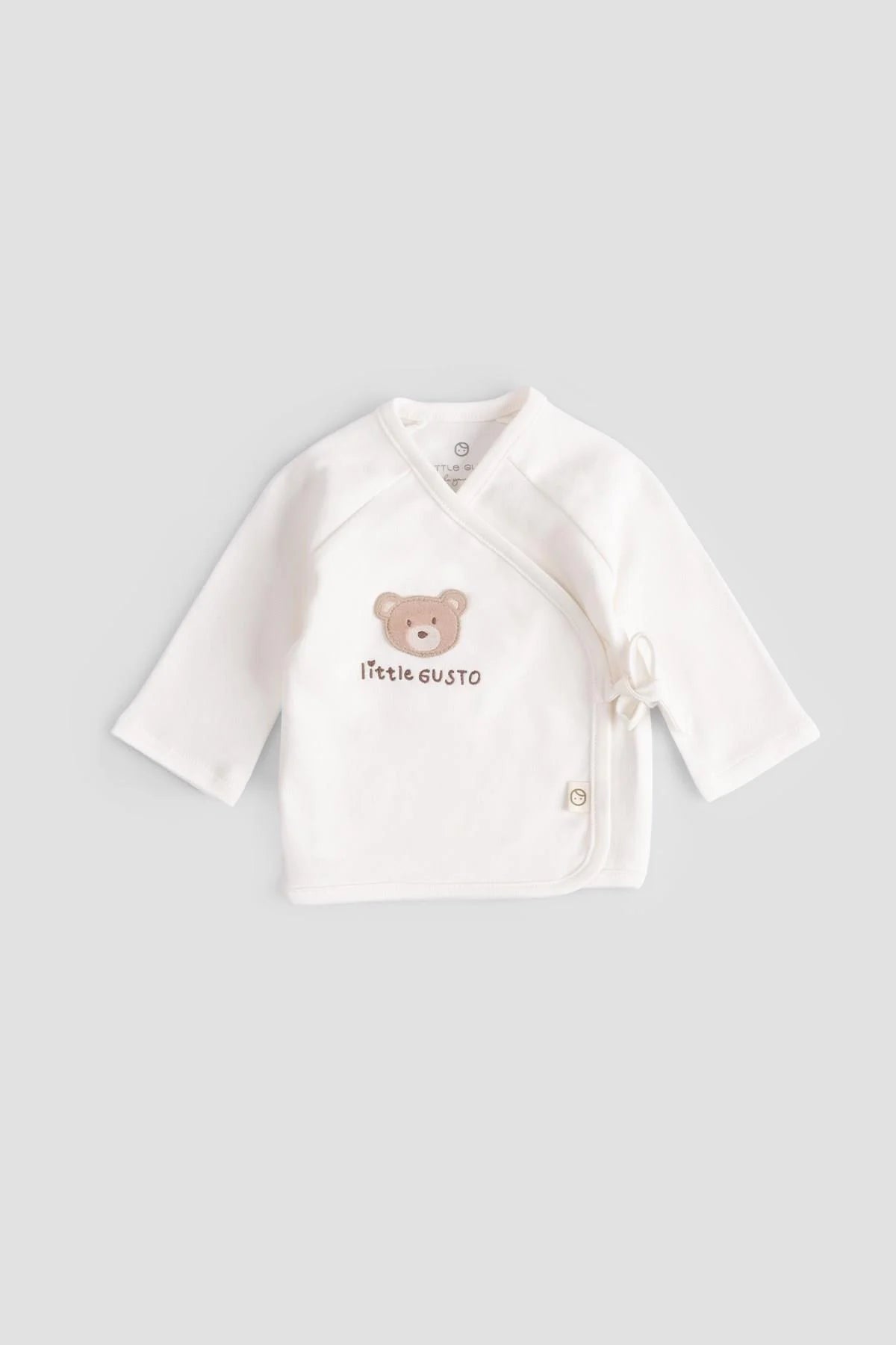 Little Gusto organic cotton kimono-style top for newborns, featuring adorable bear print, part of a 10-piece set.