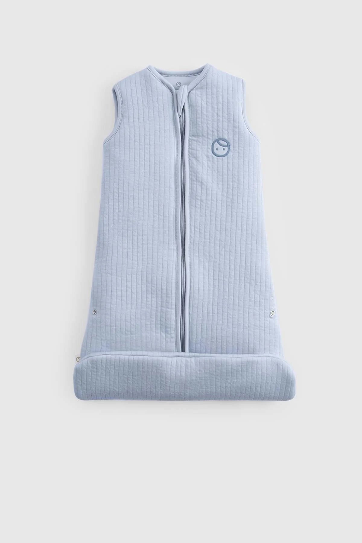Little Gusto Organic Cotton Quilted Sleeping Bag in blue, featuring a sleeveless design and soft quilted padding for baby comfort.
