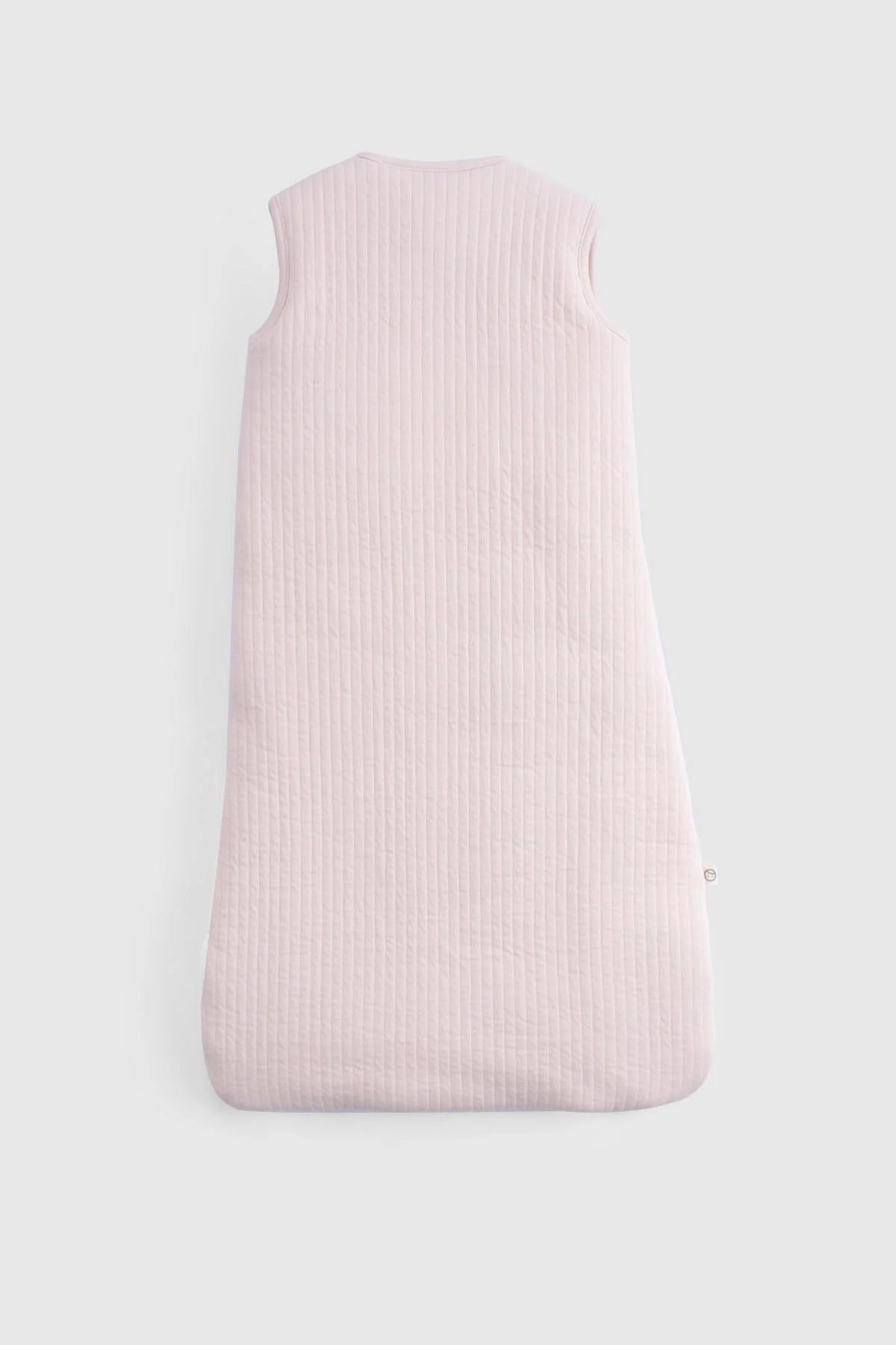 Organic cotton quilted sleeping bag in soft pink, sleeveless design for baby comfort and safety.