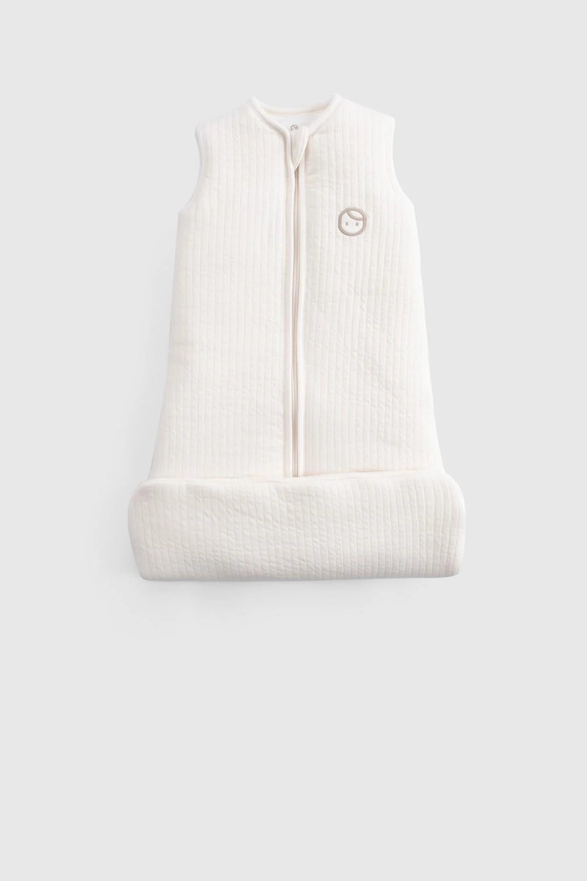 Little Gusto Organic Cotton Quilted Sleeping Bag in white, designed for baby comfort and safety, featuring a sleeveless design.