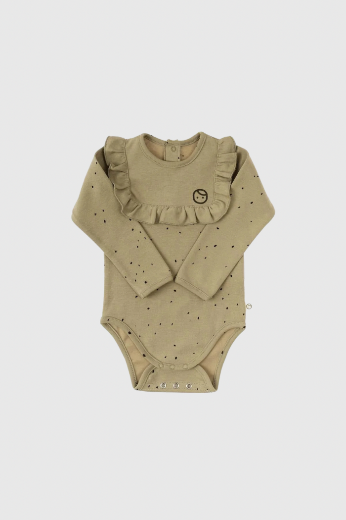 A long sleeve quilted ruffle organic cotton bodysuit in khaki color for babies, with snap buttons at the bottom.