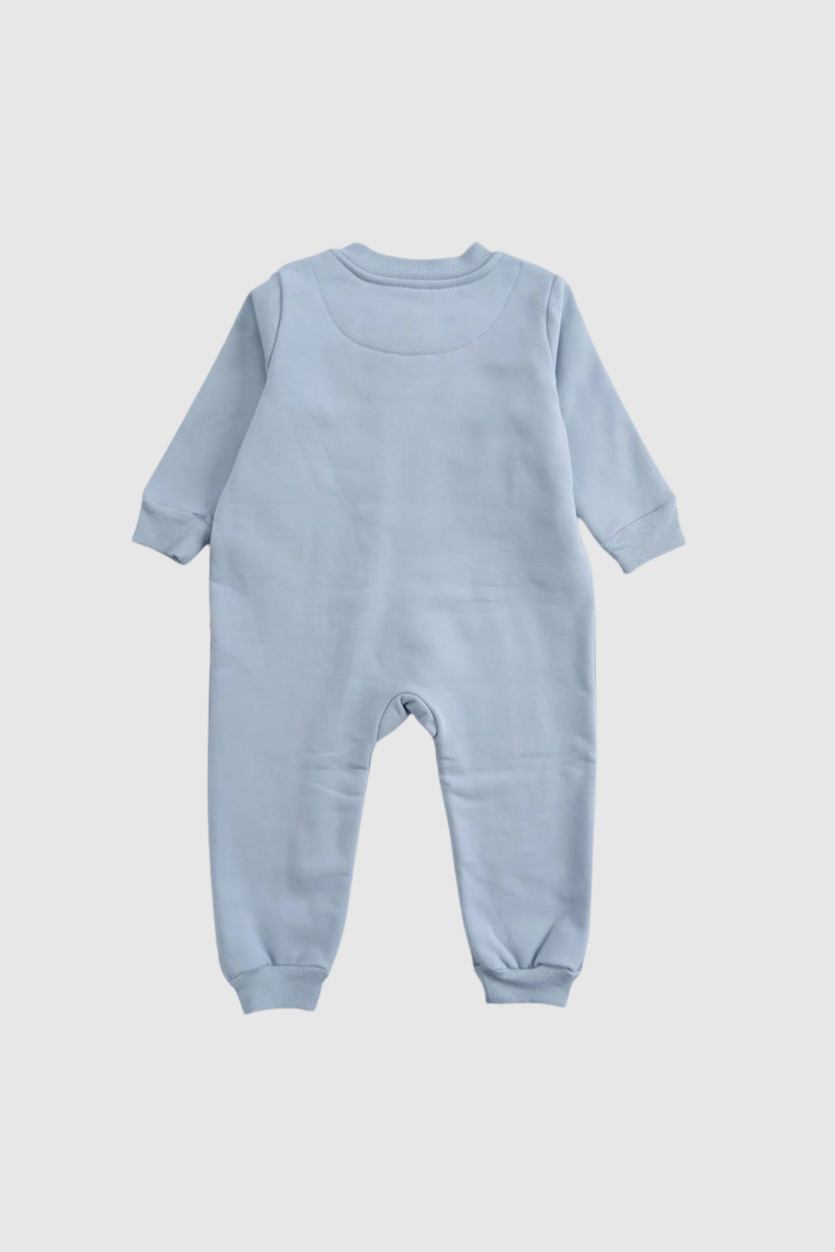 Back view of a blue organic cotton zipped onesie for babies, featuring long sleeves and a comfortable fit.