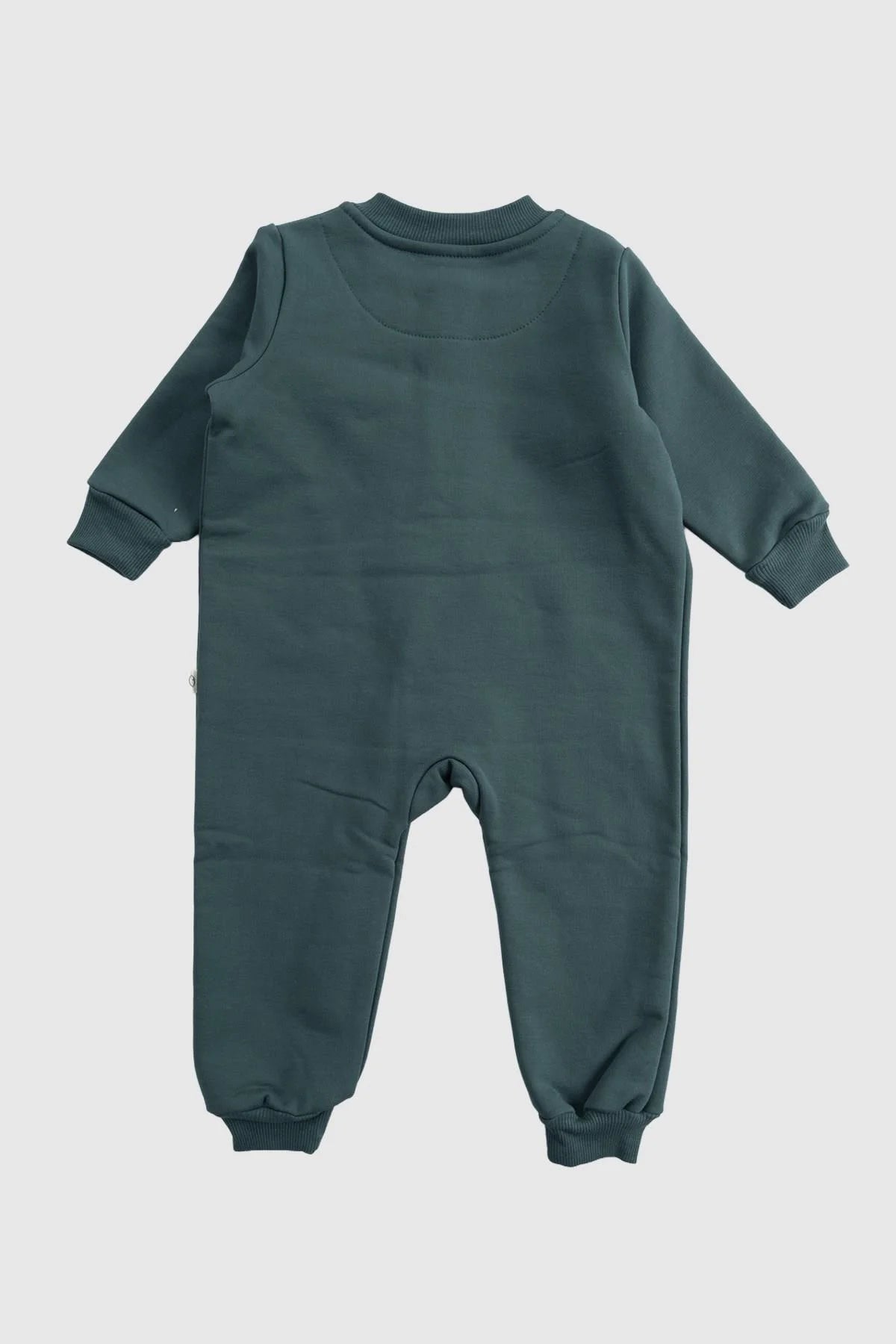 Back view of an organic cotton zipped onesie in green, featuring built-in mittens and booties for baby comfort.