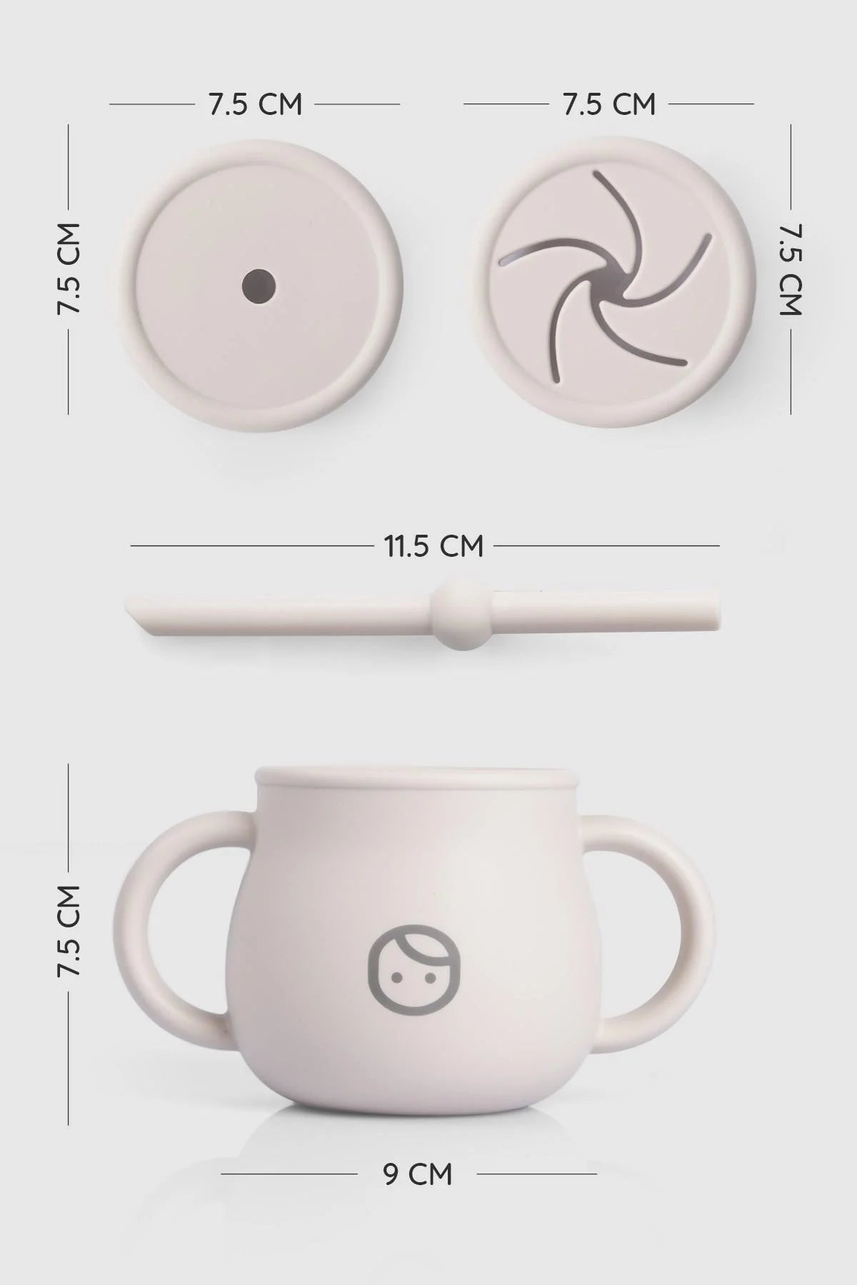 Beige silicone straw and snack cup with interchangeable lids, designed for babies' hydration and snacking.